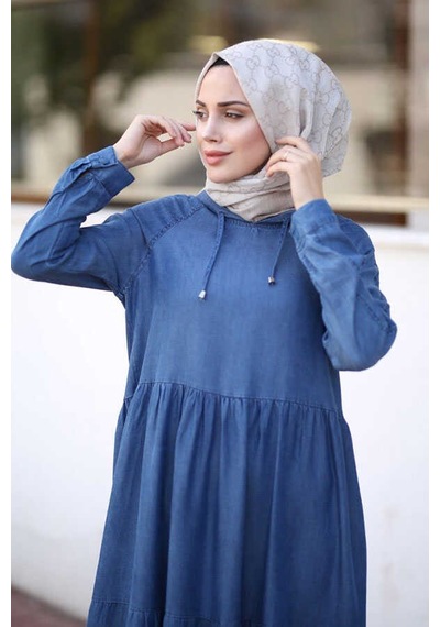 Neways 6531-Kapüşonlu Reglan Kollu Elbise Koyu Mavi