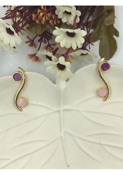 Aren Bijuteri Kadın Pembe Mor Daire Detaylı Gold Küpe Pembe - Mor