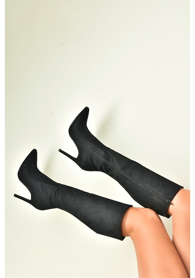 Fox Shoes Siyah Süet İnce Topuklu Sivri Burun Kadın Çizme N372530102 Siyah-süet