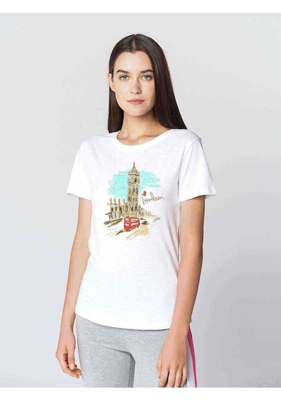 Watercolor Clock Tower London Kadın Beyaz Tshirt
