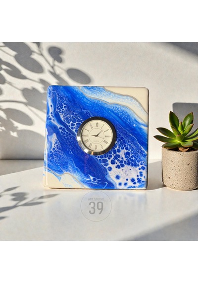 15x15 Cm El Yapımı Geode Masa Saati Gümüş Quartz Masaüstü Saat 5 Cm Kalınlık Beyaz - Mavi