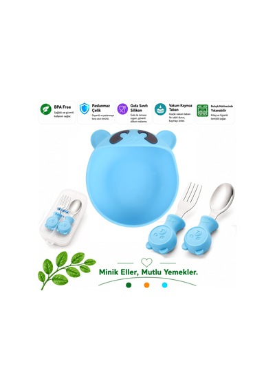 Mavi Premium Çocuk Vakumlu Silikon Beslenme Mama Kase, Paslanmaz Çelik Çatal-kaşık /9+ Ay