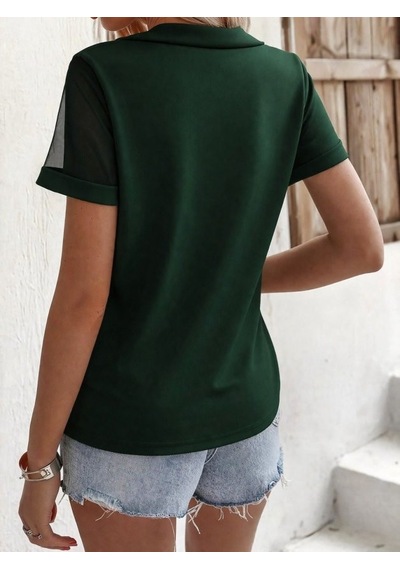 Efnaz Style Kadın Kısa Kollu Tül Detaylı Taşlı Janjan Krep Bluz Yeşil