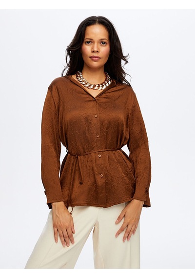 Faik Sönmez Beli Kuşaklı Kapüşonlu Krinkıl Saten Tunik W26tnk016 Uw26tnk01630 Kahve