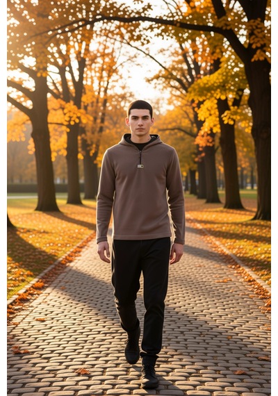 Benerly Erkek Kapüşonlu Standart Kol Polar Fermuarlı Sweatshirt Fonksiyon Bej