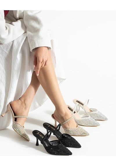 Lebibe Shoes Mına Kadın Bej File Taşlı 7 Cm Topuklu Slingback Sivri Burun Abiye Ayakkabı