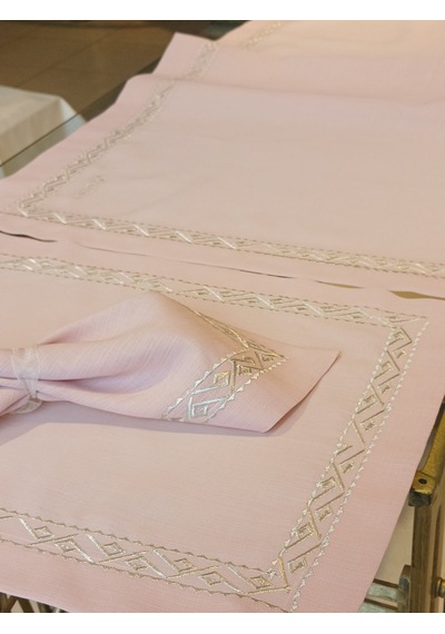Sim İşlemeli 8 Kişilik Pembe Supla-runer-peçete Takımı Açık Pembe