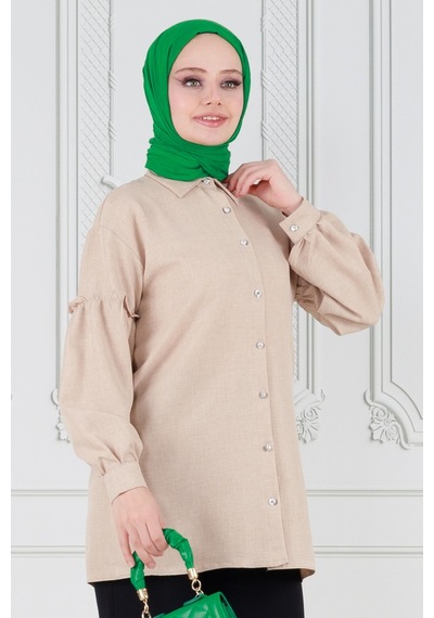 Sevitli Kolu Fırfır Detaylı Tunik-bej-3619-bej Bej