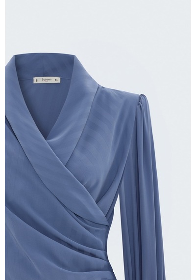 Sateen Çizgi Desenli Kruvaze Bluz - İndigo-137882