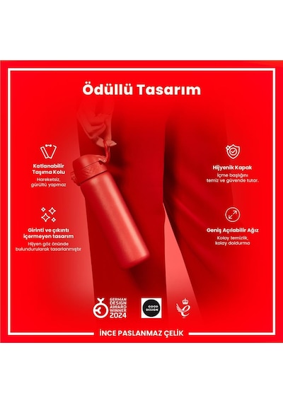 Ion8 - Paslanmaz Çelik İnce Suluk - Kırmızı - 600 Ml - Sızdırmaz