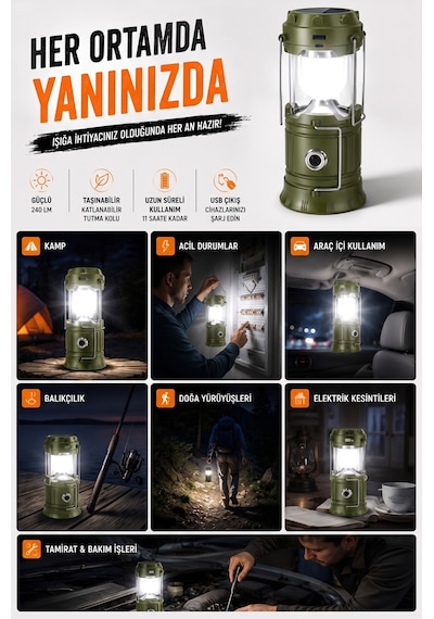 4 Adet Şarjlı Solarlı Kamp Lambası El Feneri Powerbank Özellikli Taşıma Kulplu Haki 5800t Yeşil