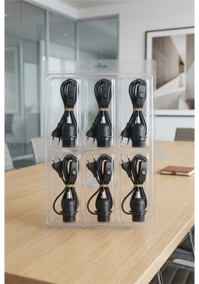 Beyaz E27 Duylu Anahtarlı Fişli Kablo 2 Metre Rondelalı Armatür Abajur Sarkıt Kablo 6'lı Set