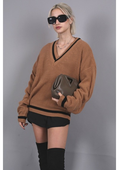 Madmext Camel V Yaka Triko Kazak Mg1373 Camel
