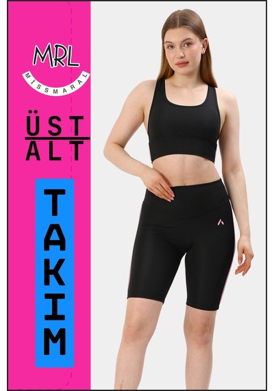 Missmaral Kadın Siyah Takım Alt-üst Kısa Şort-tayt Ve Pedli Sporcu Büstiyer 2li Set Lila Biyeli Elt3043 Siyah Lila