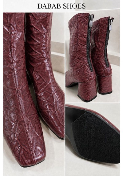 Dabab Shoes Janıce Kadın Bordo Küt Kare Burun Kırışık Desenli Rugan Streç Arkadan Fermuarlı 6 Cm Kalın Topuklu Bot Bootie