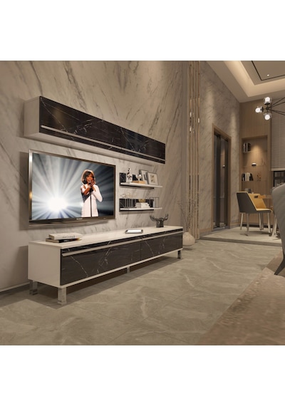 Decoraktiv Eko 5 Mdf Std Krom Ayaklı Tv Ünitesi Tv Sehpası Beyaz - Siyah Mermer