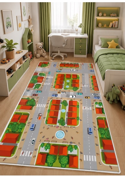 STY Home Trafik Çocuk Oyun Halısı Kaymaz Makinede Yıkanabilir Eğitici Bebek Ve Çocuk Odası Halısı Oyun72 Gri