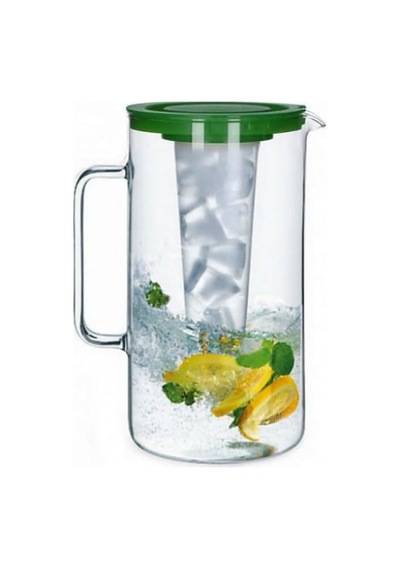 Borosilikat Cam Sürahi, 2,5 L, Buz Hazneli, Yeşil Kapaklı