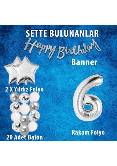 Gümüş Konsept 6 Yaş Doğum Günü Kutlama Seti Beyaz Gümüş Konfetili