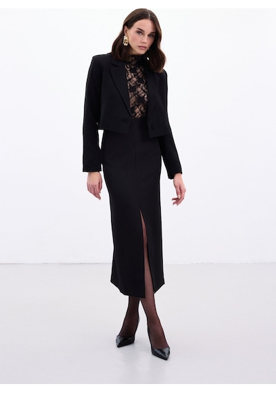 Sateen Yırtmaçlı Midi Etek - Siyah-136986 Siyah
