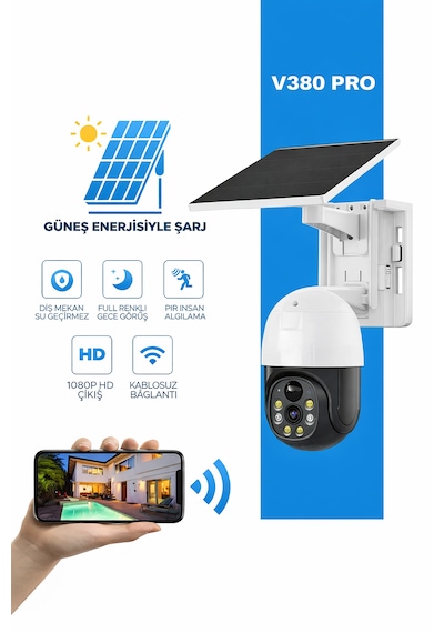 Güneş Enerjili 4g/wifi 360 Akıllı Güvenlik Kamerası Kablosuz, Gece Görüşlü, Hareket Sensörlü, Çift Yönlü Sesli