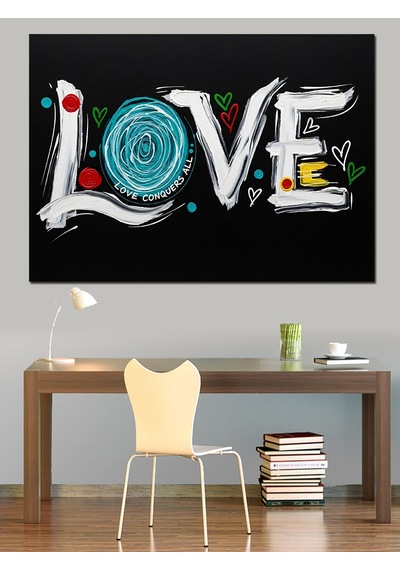 Love Yazısı Kalp Çizim Dekoratif Kanvas - Mdf Ahşap Tablo