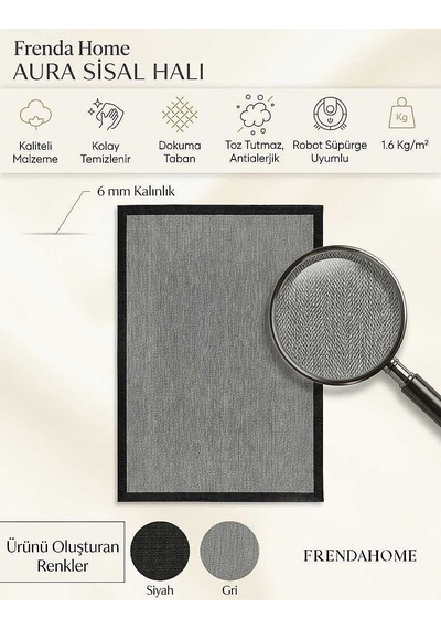 Aura Siyah Çerçeveli Gri Sisal Dokuma Kolay Temizlenebilen Mutfak Salon Koridor Ve Balkon Halısı