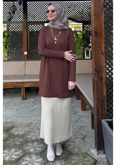 Rabia Şamlı Damla Triko Tunik Kahve Çok Renkli