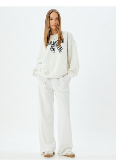 Koton Oversize Sweatshirt Fiyonk Baskılı Bisiklet Yaka Sloganlı Şardonlu Ekru 5wal10644ık Ekru