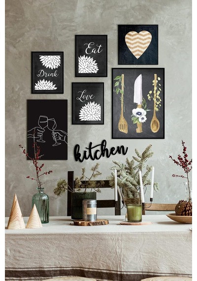 Çerçevesiz Cafe Mutfak Dekoratif Ahşap 7'li Mdf Kitchen Yazılı Tablo Seti Özc--mdf7c