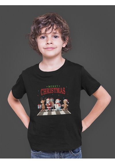 Bumeta Christmas Crossing Santa Geyik Ve Kardan Adam Baskılı Çocuk Tişört T-shirt Siyah