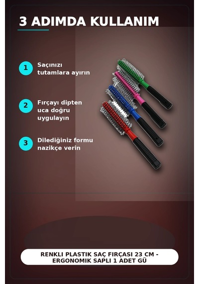Renkli Plastik Saç Fırçası 23 Cm - Ergonomik Saplı 1 Adet Günlük Kullanım Bx-313447