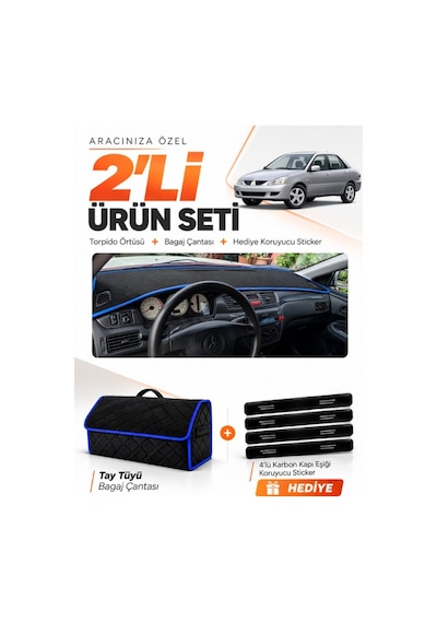 Mıtsubıshı Lancer 2003-2006 Uyumlu Torpido Örtüsü + Tay Tüyü Bagaj Çantası + Sticker - Siyah Mavi