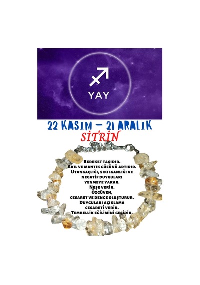 Gümüştel El Sanatları Sertifikalı Burç Taşı Yay Burcu Sitrin Taşı Bileklik Sarı
