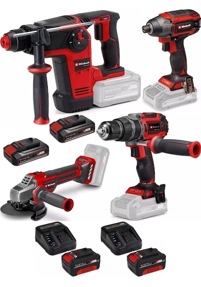 Einhell TP-HD 18/26 + TP-CI 18/220 + TP-CD 18/60 Li + TP-AG 18/125 Ce Q 2x4.0+2x2.5AH Kömürsüz Darbeli Profesyonel Makine Seti