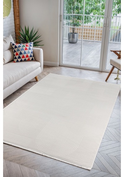 Minimalist Çizgili Ve Kabartmalı Krem Kemik Renk Halı