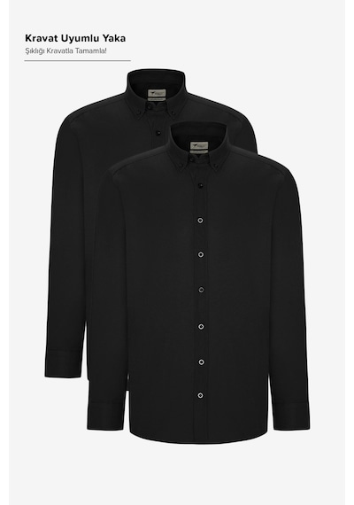 AC&Co / Altınyıldız Classics Erkek Sıyah 2'li Pamuklu Kolay Ütülenebilir Slim Fit Dar Kesim Oxford Gömlek Paketi Siyah