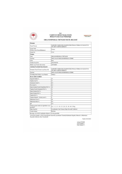 Agrosin Antares 11.11.11 + 11 So3 Organomineral Granül Gübre 50 Kg