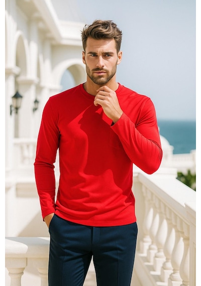 Rich Erkek Uzun Kollu Bisiklet Yaka Tişört - %100 Pamuk Basic Relaxed T-shirt Kirmizi