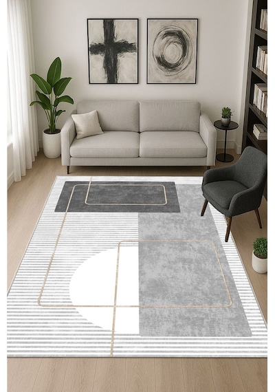 STY Home Gri Dijital Baskı Halı Kaymaz Tabanlı Yıkanabilir Halı Yolluk Salon Halısı131