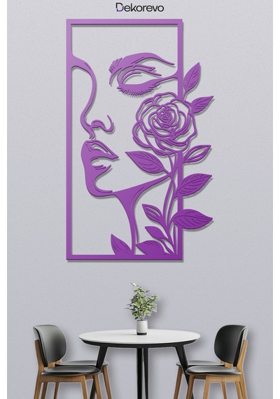 Kadın Ve Gül Metal Duvar Tablosu - Metal Duvar Sanatı - Mor - 30 X 50 Cm