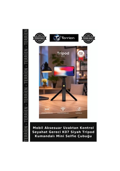 Mobil Aksesuar Uzaktan Kontrol Seyahat Gereci K07 Siyah Tripod Kumandalı Mini Selfie Çubuğu