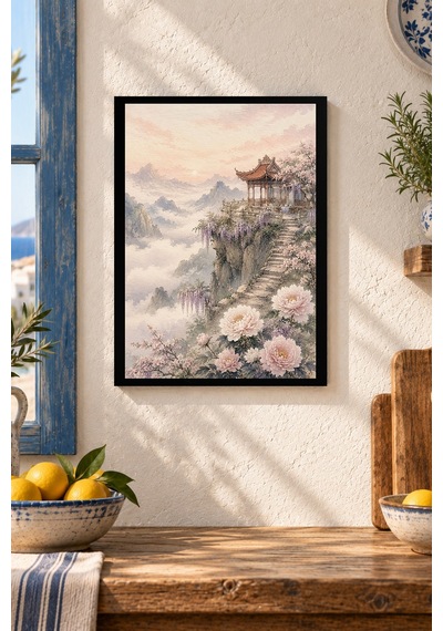 Çiçekli Uzak Doğu Bahçesi Desenli Dekoratif Mdf Tablo, Çerçeve Görünümlü Ahşap Poster