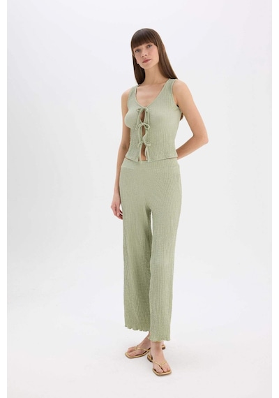 Defacto Wide Leg Geniş Paça Beli Lastikli Basic Düz Bürümcük Pantolon D3570AX24AUGN1105 Yeşil