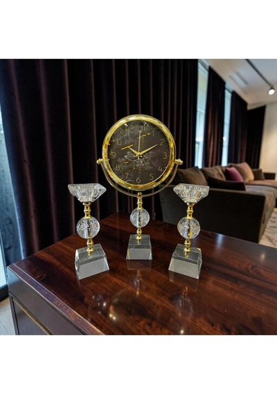 Crystal Gold Dekoratif Masa Saati Seti Lüks Cam & Metal Modern Salon Ve Ofis Aksesuarı Altın