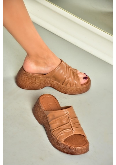 Fox Shoes S996443009 Taba Kalın Tabanlı Kadın Terlik Taba