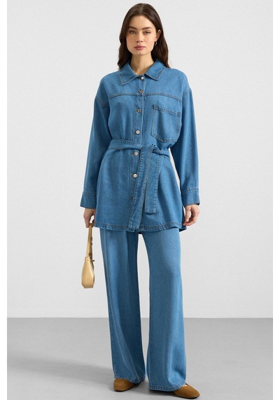 Olcay Metal Düğmeli Soft Denim Ceket Pantolon Mavi 9401-tk