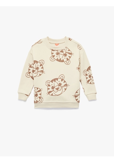 Koton Kaplan Baskılı Uzun Kollu Bisiklet Yaka Şardonlu Sweatshirt Bej Desenli 6wmb10165tk Ekru Desenli
