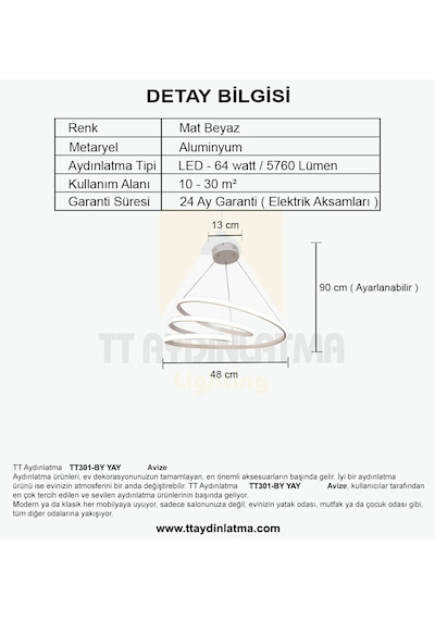 Tt301-by Tt Aydınlatma Yay Modeli Mat Beyaz Gün Işığı Led Avi Beyaz
