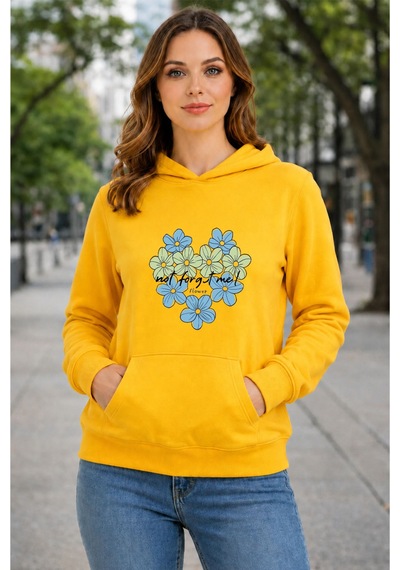 Herkesemoda Kalp Çiçek Baskılı Kapüşonlu 2 İplik Şardonlu Sweatshirt Sarı